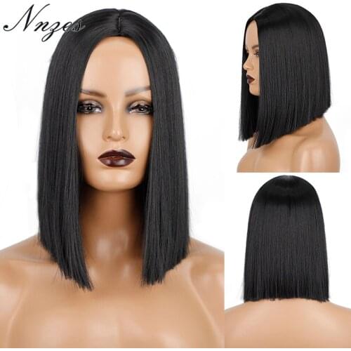 AISI HAIR 14inches Natural Straight Bob Wig Middle Part Short Black Wig Heat Resistant Fiber Synthetic Wigs for Black Women
