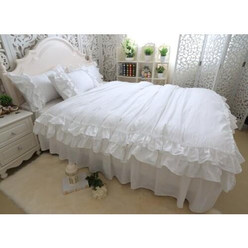 Shabby Solid color Duvet Cover Bedskirt Pillow shams 4Pcs 100%Cotton Twin Queen King size Girls Ruffled White Bedding set