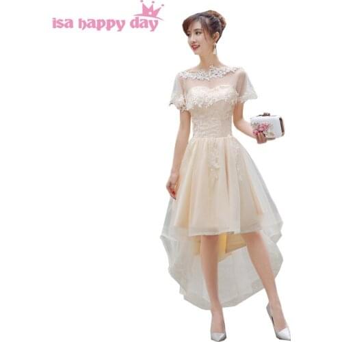 Champagne lace high low bridesmaid formal bridesmaids dresses cheap fashion sleeveless sweet dress front short long back H4141
