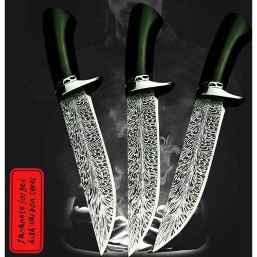 Ebony handle feather pattern outdoor tactics sharp straight knife Senior designer custom outdoor knife jungle hunting knife
