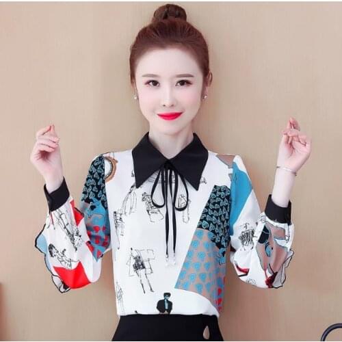 Blouse Women Printed Long Sleeve Ruffle Sleeve Chiffon Shirt Square Collar Bowknot Shirt Spring Clothing Blusas Mujer De Moda