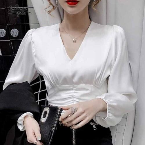 Waist Folds Thin Puff Sleeve V-neck Korean Style Blouse Women Solid White Slim Elegant Pullover Blusas Mujer De Moda 2021 11888