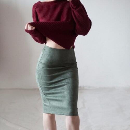 Women Suede Midi Skirt Female Spring Summer Multi Color Basic Tube Bodycon Pencil Skirts Saia Femininas