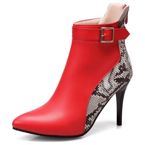 YMECHIC Women Ankle Boots Serpentine Splicing Back Zipper 9cm Heel Shorty Botas Buckle Red Yellow White Pointed Toe Sexy Shoes