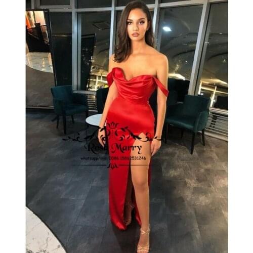 Sexy Red Satin Mermaid Evening Dresses for Women 2021 Plus Size Off Shoulder High Split Long Cheap Formal Celebrity Prom Gowns