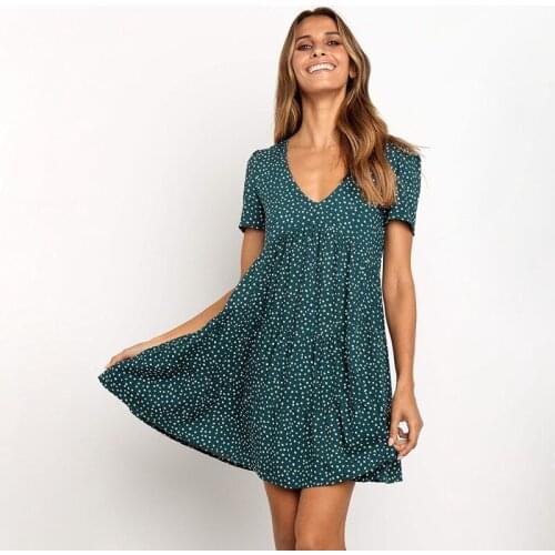 Women Print V Neck Sexy Ruffled Summer Dress Casual Short Sleeve Women Beach Dresses