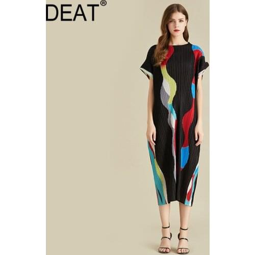 DEAT Pleated Dress Women Geometry Print Short Sleeve Round Collar Long Length Wild Casual 2021 New Summer Fashion Tide HT350