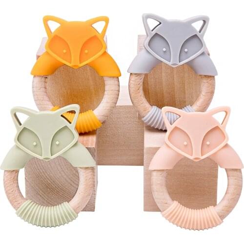 1Pc Baby Fox Wooden Teether Animal Ring Silicone Rodent Beech Wooden Ring Baby Pacifier Pendant Nurse Accessories Toys For Kid