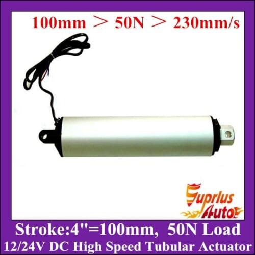 12/ 24V 100mm/4inch stroke 230mm/s=9.2in/sec speed tubular actuator, 50N/11lbs load electric linear actuator