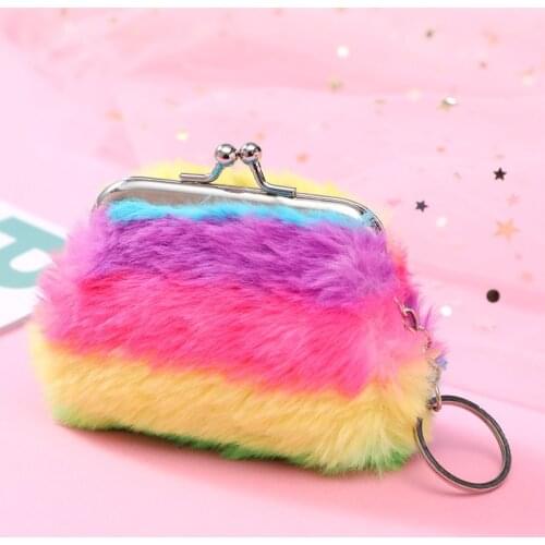 3 inch new cute soft plush coin purse wallet girl rainbow color bag with metal key chain for Travel party sweet gift
