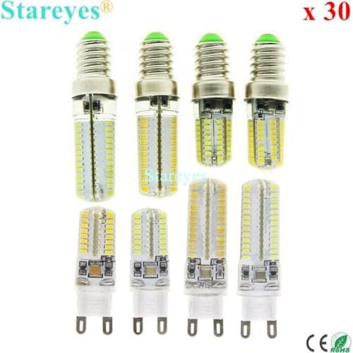 Free shipping 30 pcs Silicone G9 E14 6W 9W SMD3014 64 104 LED Corn lamp Droplight Chandelier candle bulb Pendant light spotlight