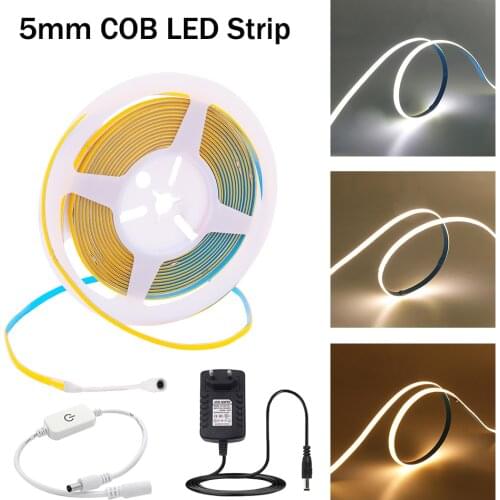 5M Supper Thin 5mm COB LED Strip DC 12V 24V Dimmable Soft Flexible LED Tape 384Leds Ribbon RA90 High Density Linear Light Rope