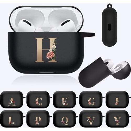 Floral Gold Initial Letter Pattern Case for Apple Airpods Pro A2084 A2083 Black Silicone Wireless Bluetooth Earphone Box Cover