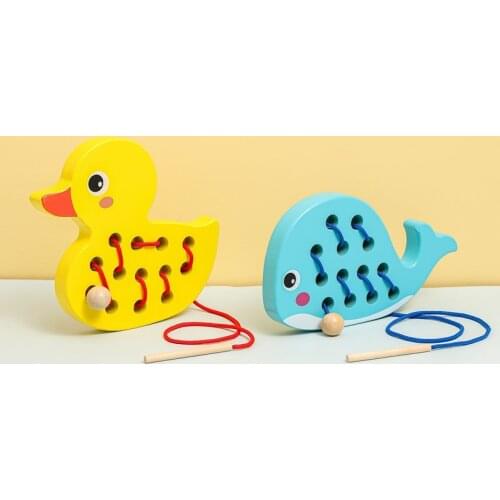 1Pcs New Montessori Toys Wooden Duck Whale Animal Fine Motor Skills Threading Toys Newborn Cognitive Preschool Puzzle Toys Gifts