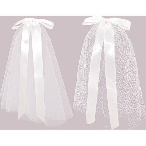 Short Satin Bow Bridal Veil with Metal Clips High Quality New Cute Two Layer White Bridal Veil Headdress Wedding Hair Accessory