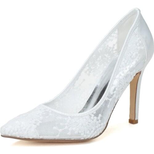 Sweet See Through Lace Mesh Pointed Toe Heels Bridal Wedding Party Prom Homecoming Graduation celebration Shoes White Pink Black