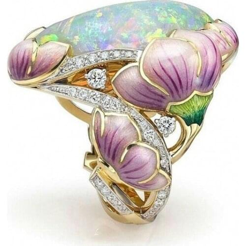 Colorful Fire Opal Lotus Rings for Women Flower Blossom Art Deco Zirconia Paved Gold Floral Ring Lavender Enamel Oval Jewelry