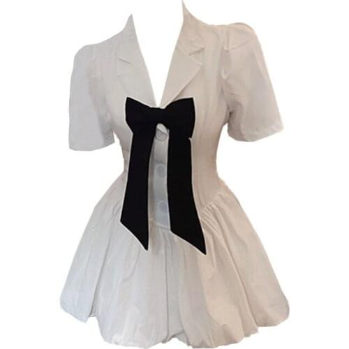 Sweet Style White Women Dresses Summer New Design 2021 Bow Neck Slim Solid Pleated Mini Sexy Female Princess Dress Clothing