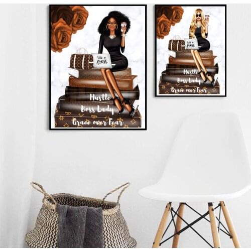 Fashion Girl Illustration Poster Boss Lady Hustle Wall Art Home Office Decoration Canvas Painting Picture Female Girls Gifts