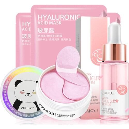 Facial skin care set, moisturizing collagen essence with cherry blossoms, eye patches, facial serum and mask, beauty makeup
