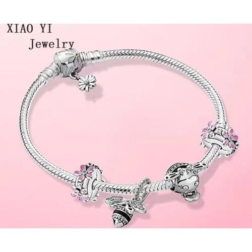 XIAOYI 2020 new 100% S925 Spring Pink flower bee lovely sweet heart high quality fashion surprise gift bracelet jewelry female