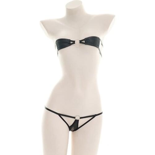 NEW Japanese Women Super Mini Leather Bikini Lace Up Underwear Set Cosplay Cool Girl Black Punk Metal Ring Private Pajamas Suit