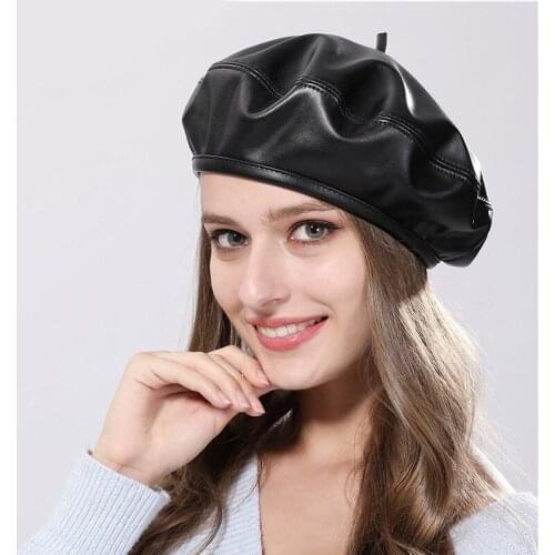 New Korean Autumn And Winter British Retro Beret Painters Matching Female PU Leather Octagonal Painters Design Caps