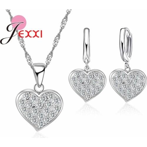 Luxury Full Cubic Zirconia Necklace Earrings Jewelry Sets Love Heart Shape 925 Sterling Silver Necklace Earrings