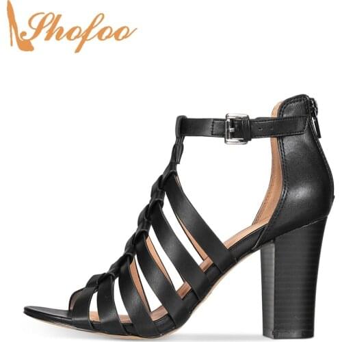Black High Chunky Heels Sandals Woven Detail Woman Large Size 12 15 Ladies Summer Fashion Buckle Ankle Strap Mature Shoes Shofoo