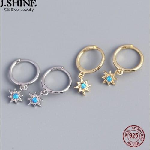JShine 100% S925 Silver Octagonal Star Earrings Blue Opal Stone Ear Buckle Small Hoops Drop Earrings Earlobe Fine Jewelry
