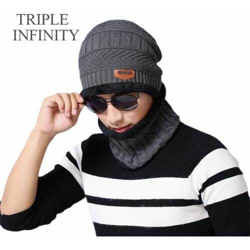 TRIPLE INFINITY High Quality Mens Winter Hat Fashion Thick Durable Comfortable Knitted Beanies Hats Warm Suit Windproof Bonnet