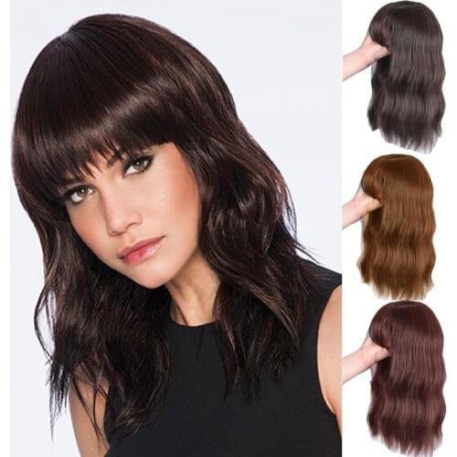 ALL Hair Topper Piece Synthetic Hair 3 Clips In one piece Hair Extension Medium Water Wave With Bangs High Temperature Fiber