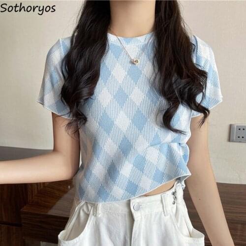 Women Short Sleeve T-shirts Argyle Classic Pretty Style Teens Vintage Gentle Temper Stylish Slim Elegant Knitted O-neck Ulzzang