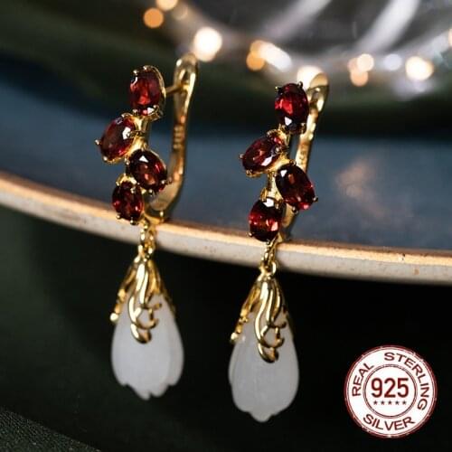Crystals Garnet Red Floral Earrings for Women Natural Jade Magnolia Brincos Real 925 Sterling Silver Gold Earrings Jewelry Gifts
