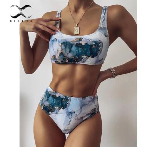 Bandeau push up bikinis 2021 mujer Sexy marble print women swimsuit High waist swimwear women Sport bathing suit Beach wear New