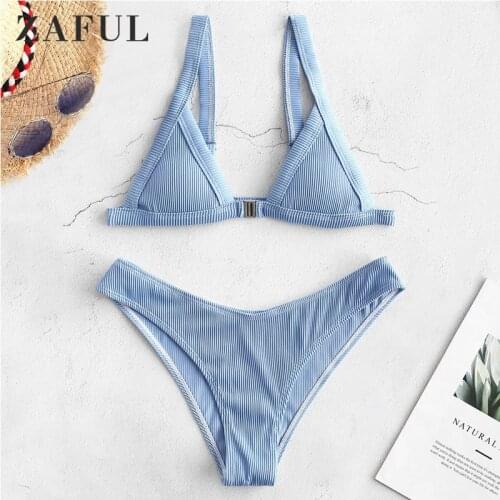 ZAFUL Ribbed Front Closure Bikini Set Women Straps Solid Triangle Micro Swimsuit Padded Summer Bathing Suit Female Sexy Swimwear