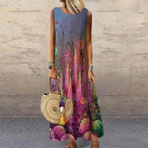 Women Boho Maxi Dress Summer Light Dresses O-neck Sleeveless Sling Printed Casual Loose Long Dress Vetement Femme 2021 Vestido