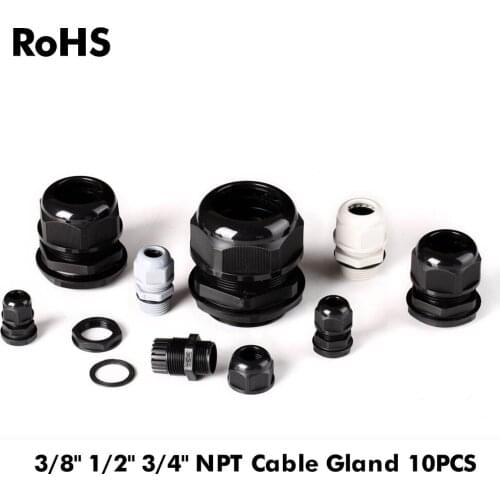 10pcs IP68 Black 3/8"NPT 1/2"NPT 3/4"NPT Wire Cable CE Waterproof Nylon Plastic Cable Gland Connector