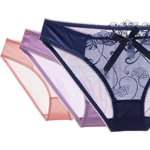 3pcs Womens Panties Set Female Low Waist Sexy Briefs Lace Transparent Mesh Underwear For Women Plus Size Lingerie S M L XL XXL