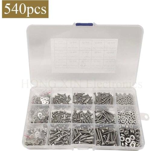 540PCS #2-56#4-40#6-32 Phillips Pan Head Screws Bolt Nut Flat Washers 304 Stainless Steel Machine Screws Assortment Kit