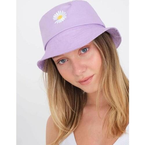 Brand New 2021 Woman Bucket Hat New Fashion Lilac Daisy Embroidered Bucket Hat Fisherman Bob Caps Summer Beach Accessories