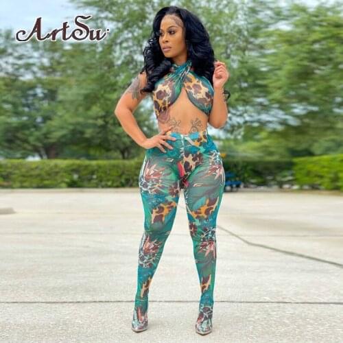 Artsu Sexy Mesh Two-Piece Set Suit Women See-Through Printed Outfits Sleeveless Crop Taps Halter Skinny Pants Fashion Suit