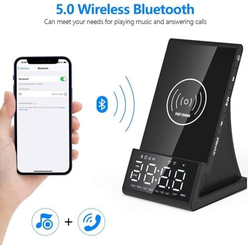 Wireless Charging Base Blutooth 5.0 Wireless Charger Alarm Clock Bluetooth Speaker FM Radio Audio Video Speakers for Android