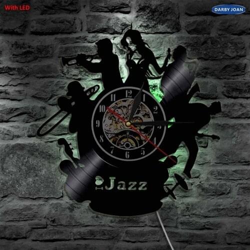 Jazz Musical Instrument Silhouette LED Backlight Modern Light Wall Vinyl Clock Home Decorative Art Lamp Remote Control