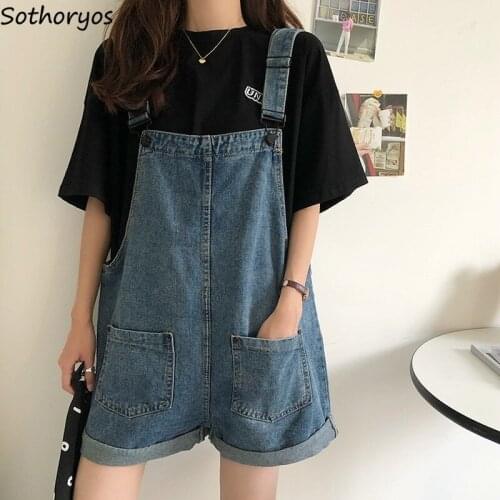 Rompers Women Denim Pockets Solid Vintage Crimping Casual Summer Streetwear Harajuku Students Fashion Chic Retro Baggy Trousers