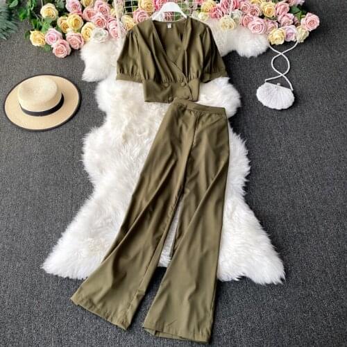 Summer women new fashion suit temperament short V-neck shirt short sleeves high waist thin wide leg pants trousers two-piece set