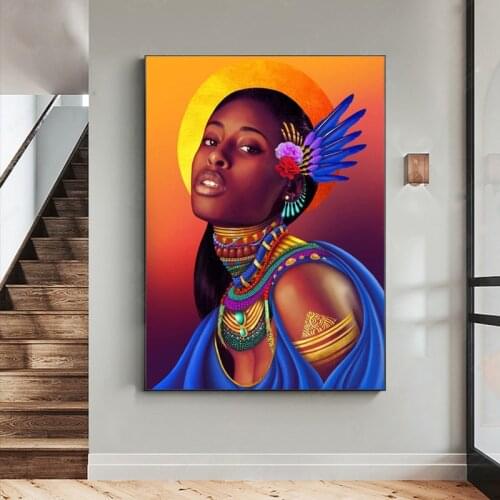 Beautiful Black African Woman Canvas Painting Golden Sun Poster and Prints Wall Art Pictures for Living Room Home Decor Cuadros