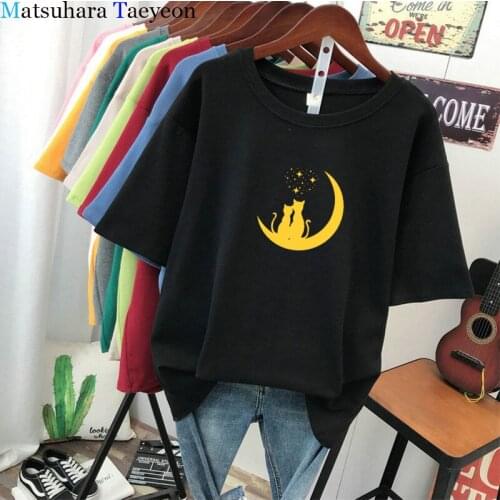 Cute T Shirt for Women Lovers Cat Embrace Looking Out Side Stars Printed Short Sleeve T Shirts Korean Style Loose Women Casual
