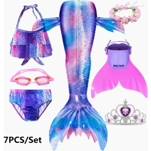NEW!7PCS/Set Girls Mermaid Tails With Monofin Crown Garland Goggle Mermaid Tail Costume Girls Swimsuit Bikini Swimmable suit