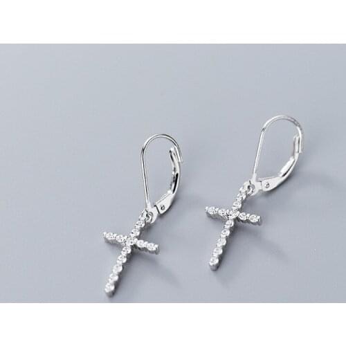 Authentic Real 100% 925 Sterling Silver fine Jewelry white zirconia set Cross Religion Hoop Huggie Earrings GTLE2443